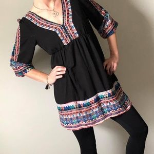 Black Dress with Colorful Tribal Aztec Print Trim